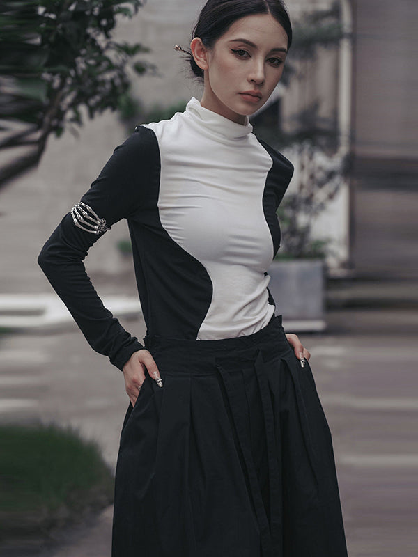 T-shirts urbains skinny à manches longues et col montant asymétriques contrastés 