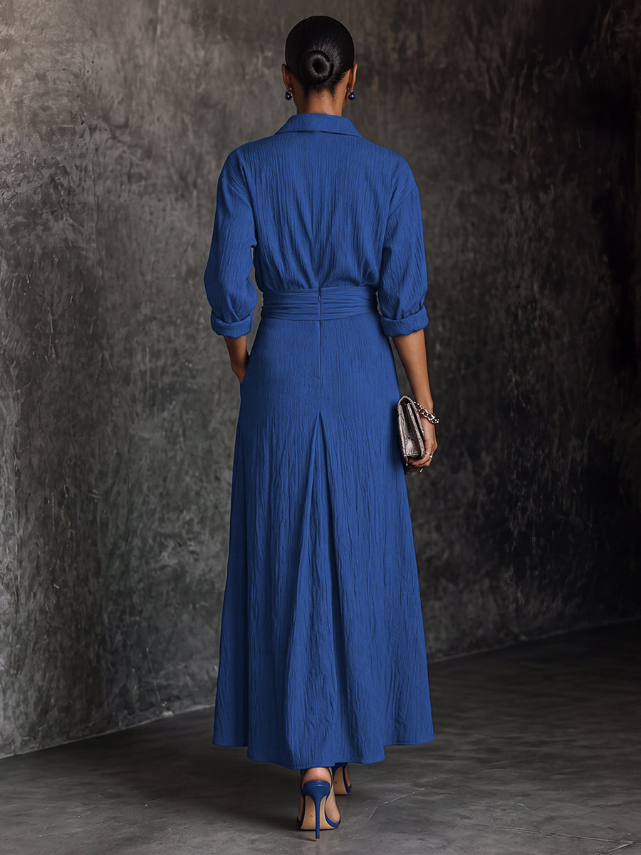 Jacquard Solid Color Lapel Buttoned Blouses&shirts Tops + A-line High Waisted Pleated Zipper Skirts Bottoms Two Pieces Set