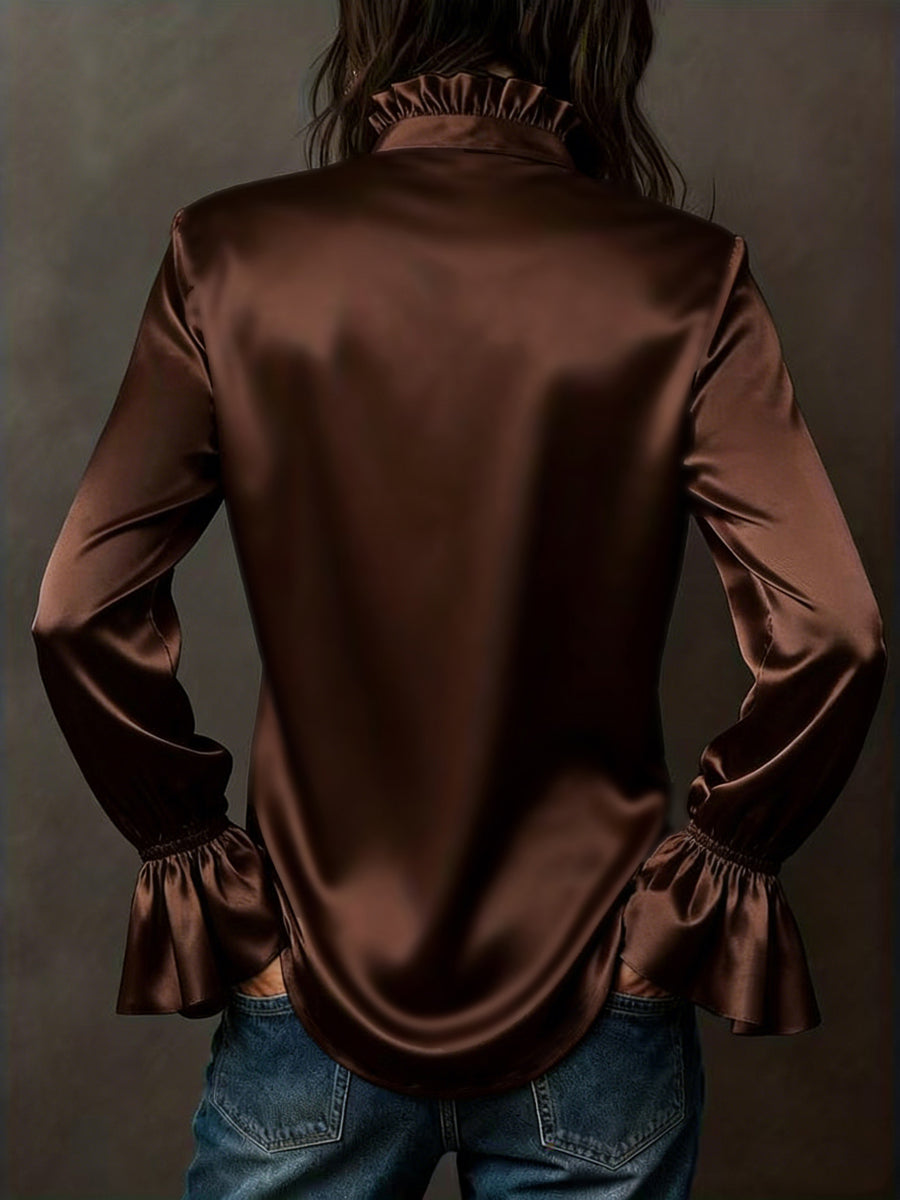 Flared Sleeves Long Sleeves Buttoned Elasticity Solid Color Lapel Blouses&Shirts Tops