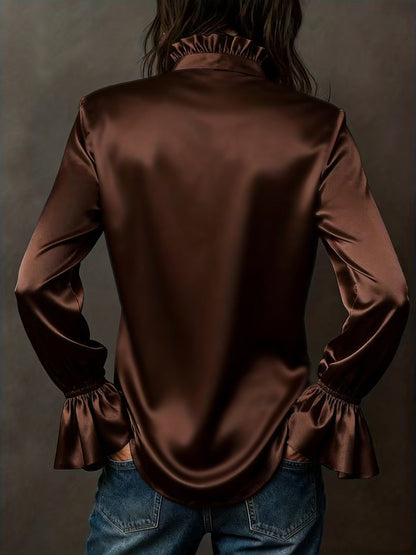 Flared Sleeves Long Sleeves Buttoned Elasticity Solid Color Lapel Blouses&Shirts Tops