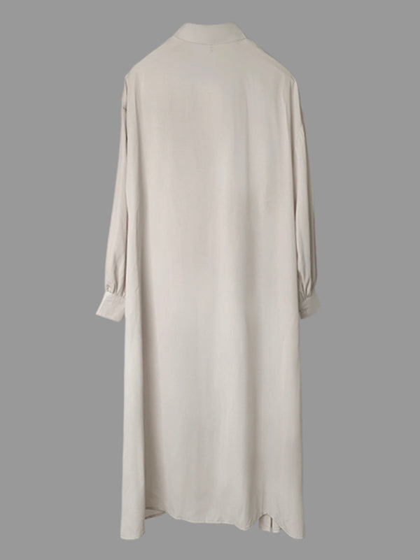 High-Low Long Sleeves Buttoned Drawstring Pleated Pockets Solid Color Lapel Midi Dresses