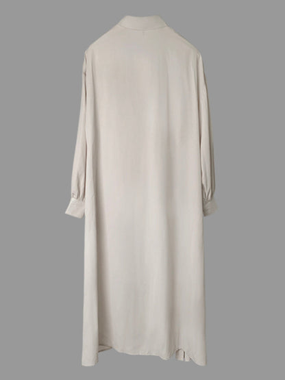 High-Low Long Sleeves Buttoned Drawstring Pleated Pockets Solid Color Lapel Midi Dresses