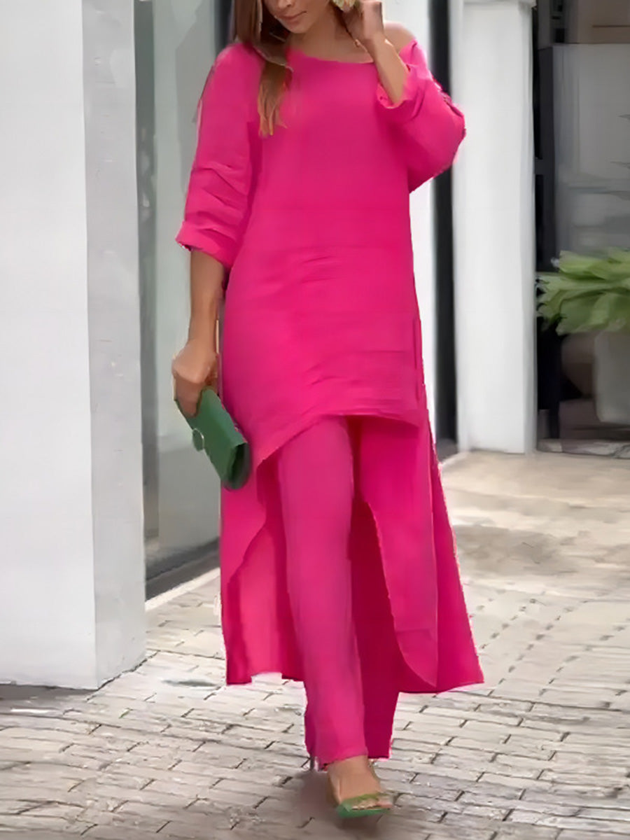 Asymmetric Solid Color High Waist High-Low Round-Neck Tops + Wide Leg Pants Bottoms Two Pieces Set