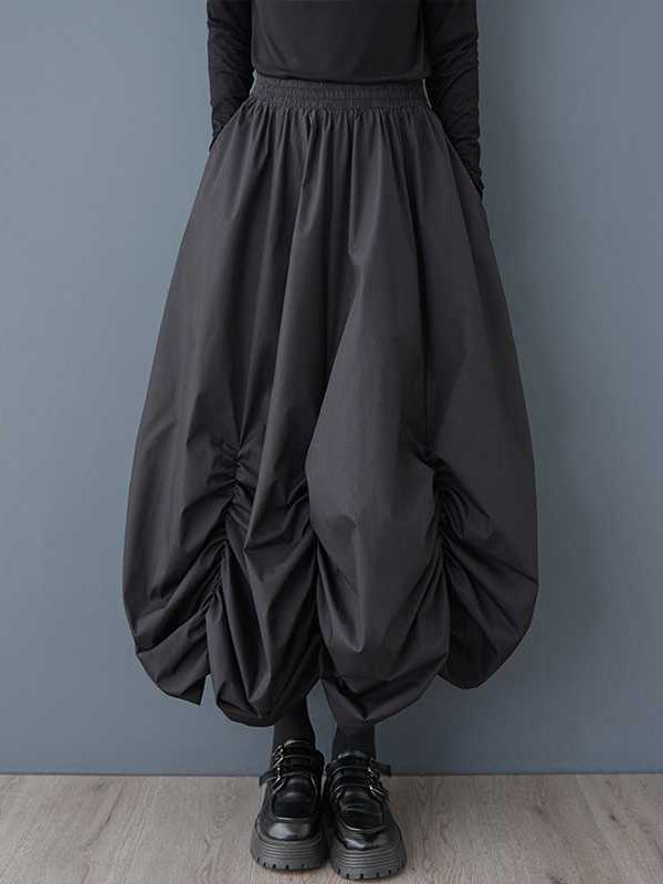 Loose Wide Leg Elasticity Pleated Pockets Solid Color Culotte Ninth Pants