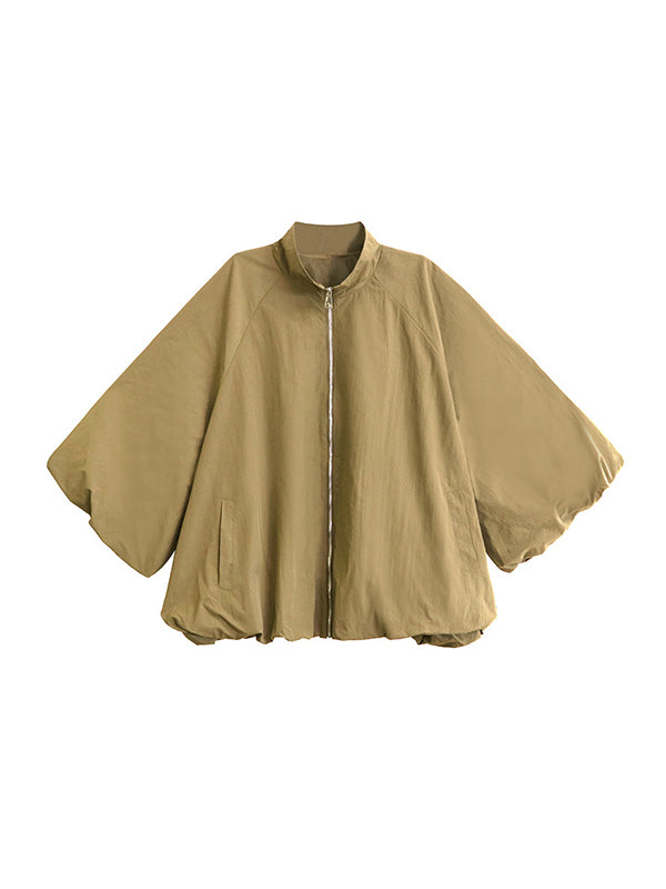 A-Line Long Sleeves Buttoned Solid Color Zipper Stand Collar Outerwear Windbreakers