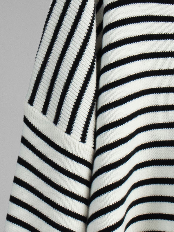 Long Sleeves Loose Split-Joint Striped Lapel Sweater Tops