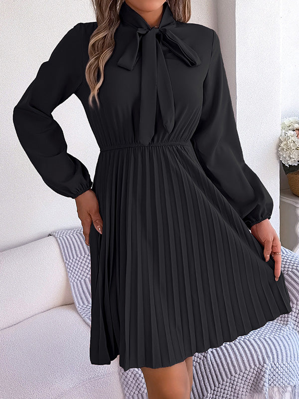 Long Sleeves Loose Pleated Solid Color Tied Mock Neck Mini Dresses