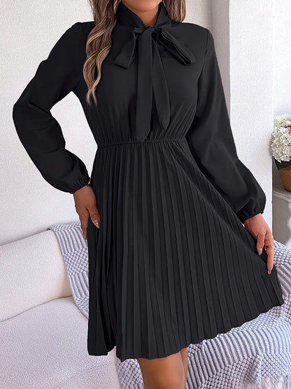 Long Sleeves Loose Pleated Solid Color Tied Mock Neck Mini Dresses