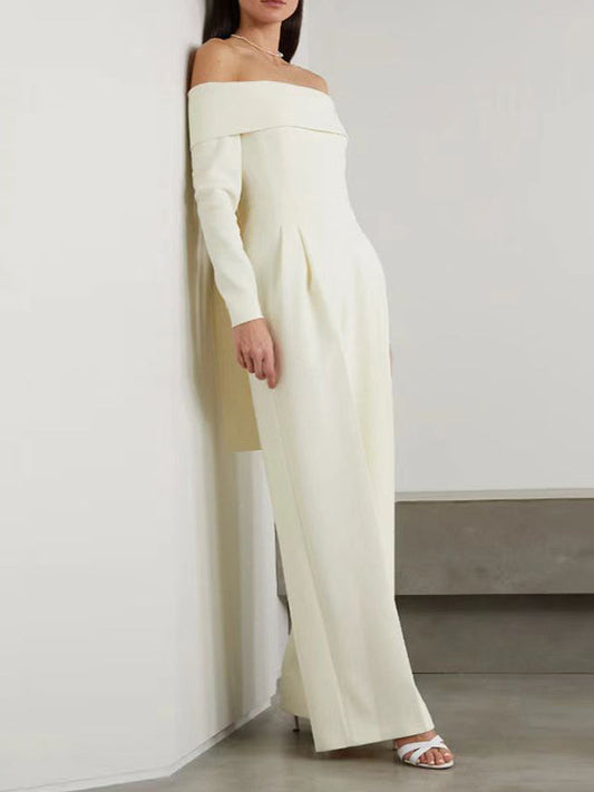 High Waisted Long Sleeves Pleated Solid Color Split-Joint Tied Off-The-Shoulder Jumpsuits
