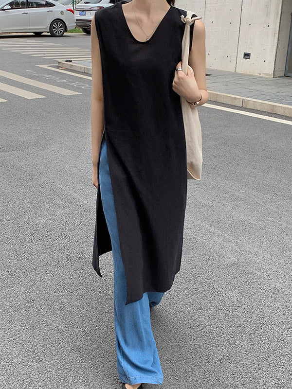 Loose Sleeveless Solid Color Split-side V-neck Vest Top BLACK