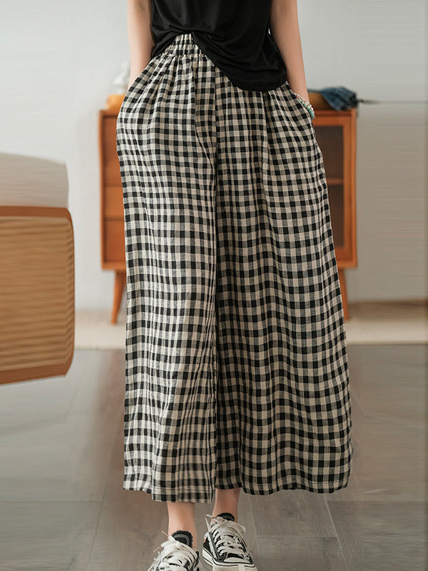 Artistic Retro Linen Loose Wide Legs Plaid Drawstring Pants