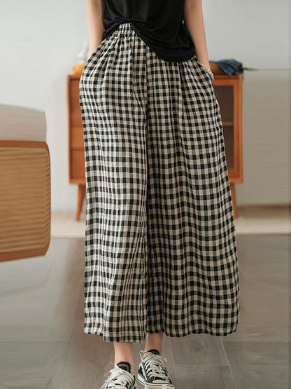 Artistic Retro Linen Loose Wide Legs Plaid Drawstring Pants