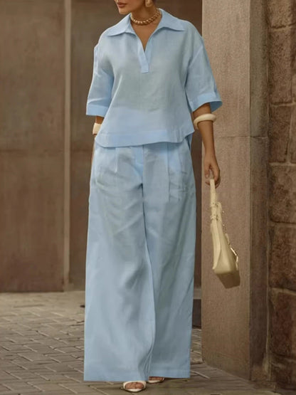 Solid Color Half Sleeves Lapel Blouses&Shirts Tops + High Waisted Pleated Trousers Pants Two Pieces Set