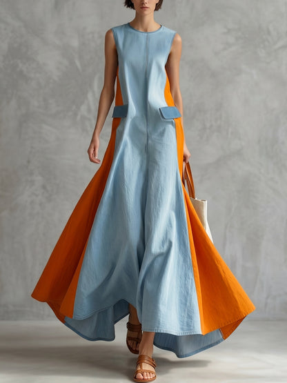 A-Line Loose Contrast Color Split-Front Round-Neck Maxi Dresses