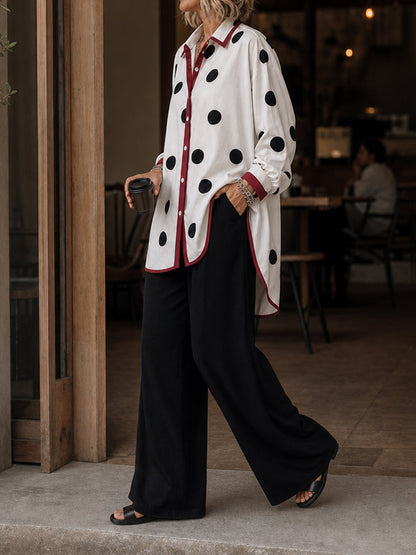 Polka-Dot Contrast Color Buttoned Loose Long Sleeves Lapel Blouses&shirts Tops