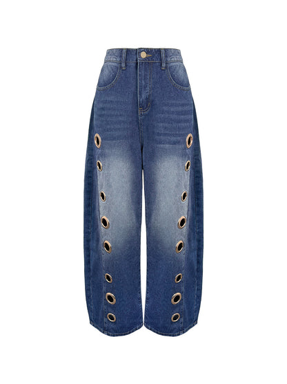 Split-Joint Pockets Hollow Geometric Buttoned Wide Leg Loose Jean Pants Bottoms