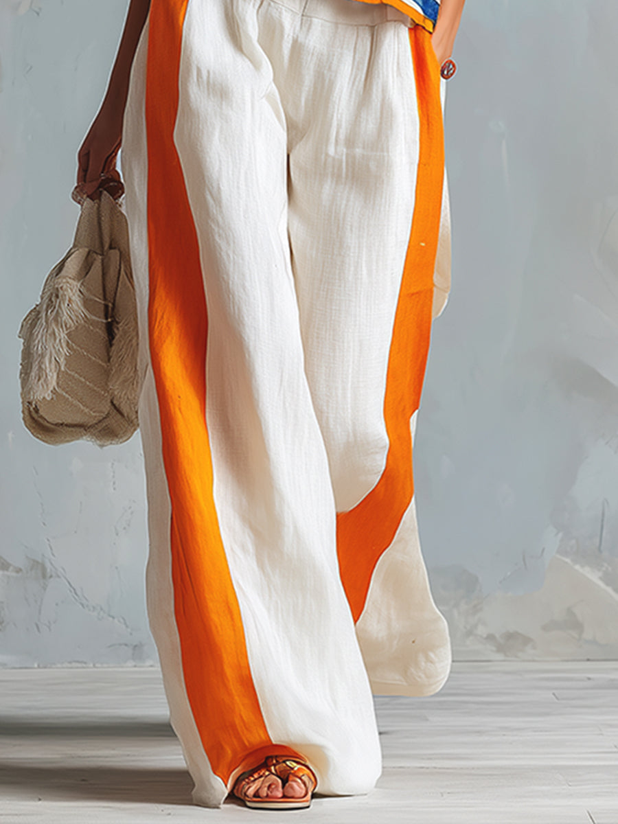 High Waisted Loose Pockets Striped Pants Trousers