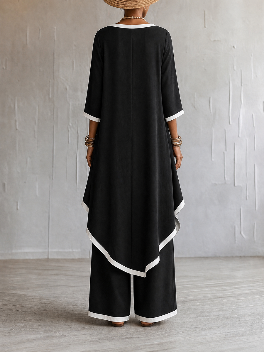 Loose Contrast Color Split-Joint Round-neck High-low Asymmetric Blouses&shirts Tops + Pockets Pants Trousers Two Pieces Set