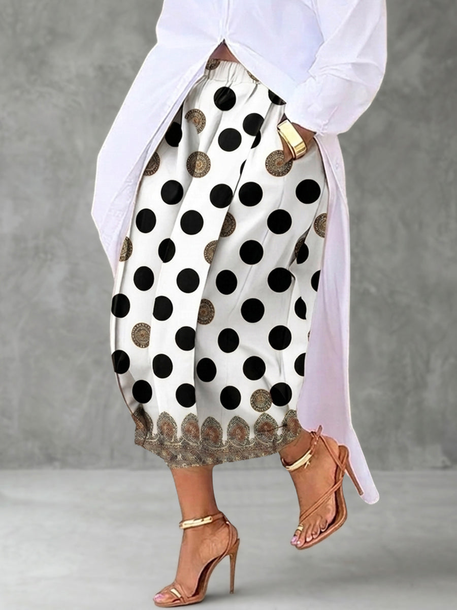 High Waisted Wide Leg Contrast Color Elasticity Pockets Polka-Dot Printed Ninth Pants