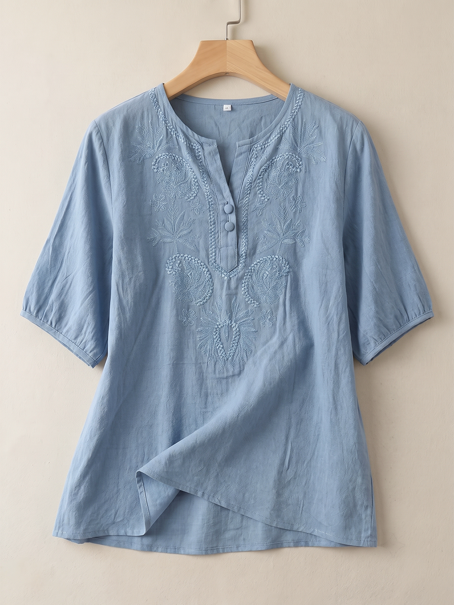 Solid Color Embroidered Buttoned Loose Half Sleeves Round-neck Blouses&shirts Tops