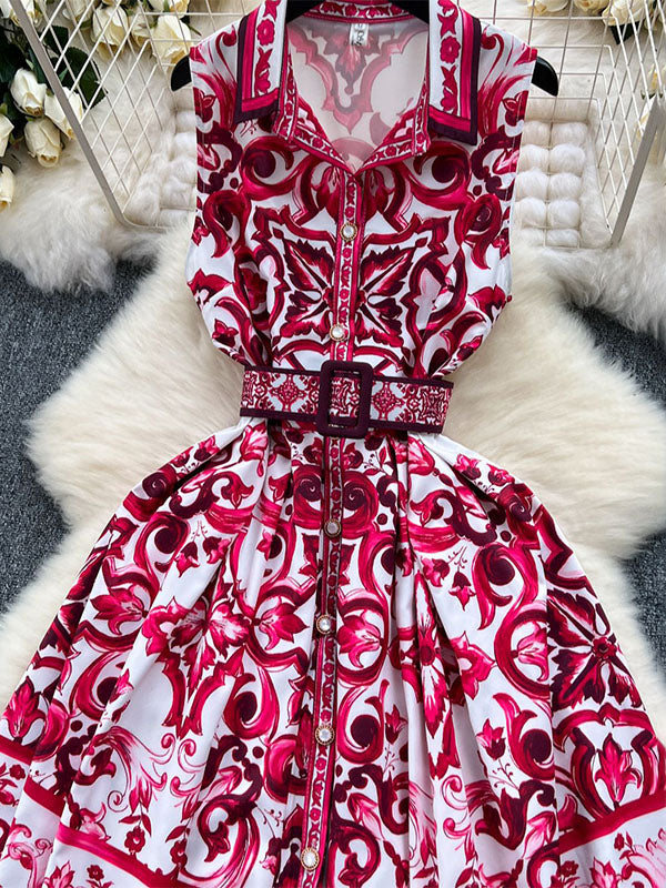 Sleeveless Belt Buckle Buttoned Contrast Color Floral Printed Midi Dresses