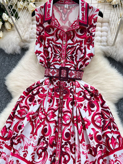 Sleeveless Belt Buckle Buttoned Contrast Color Floral Printed Midi Dresses
