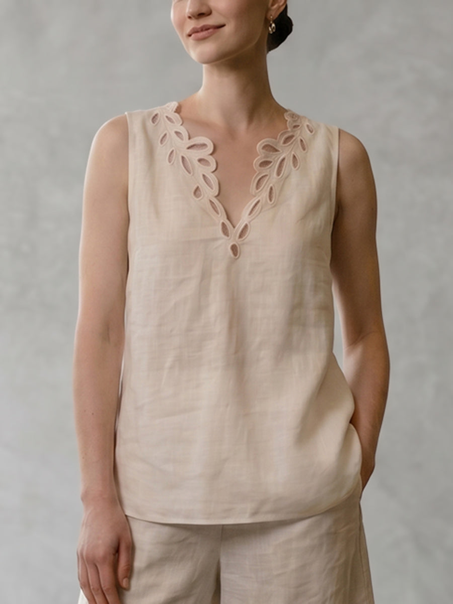 Sleeveless Hollow Solid Color V-Neck Blouses&Shirts Tops
