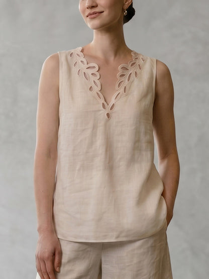 Sleeveless Hollow Solid Color V-Neck Blouses&Shirts Tops