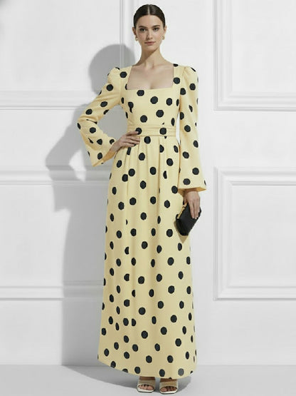 High Waisted Polka Dot Square-Neck Maxi Evening Dresses