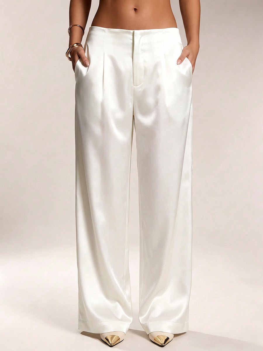 High Waisted Loose Pockets Solid Color Zipper Pants Trousers