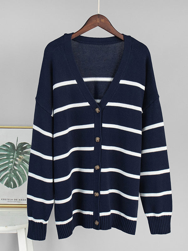 Long Sleeves Loose Split-Joint Striped V-Neck Cardigan Tops