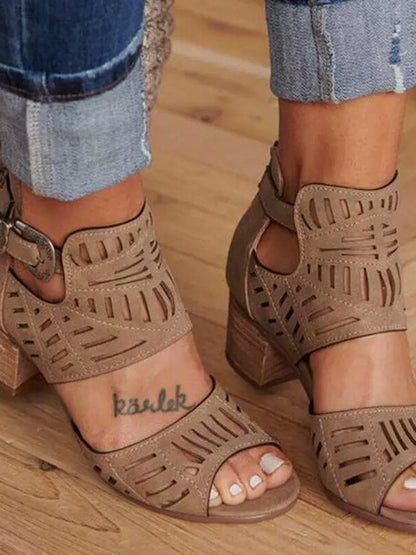 Solid Color Hollow Open Toe Buckle Pumps Sandals