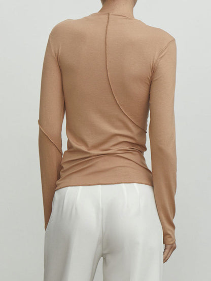 Long Sleeves Skinny Asymmetric Solid Color Mock Neck T-Shirts Tops