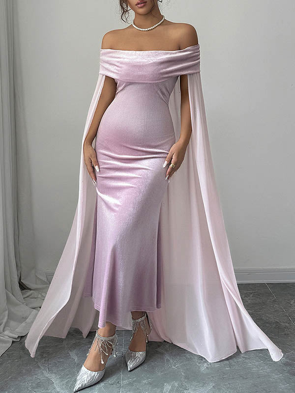 Bodycon Cape Solid Color Velvet Off-the-shoulder Midi Dresses