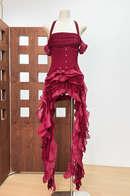 Ivria Halterneck Ruffled Draped Dress