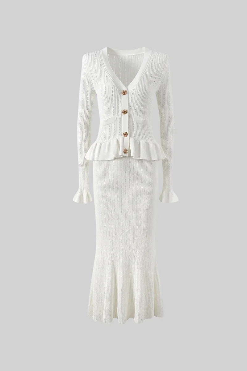 RIDEN RUFFLED JACKET & FLARED SKIRT KNIT MATCHING SET WHITE