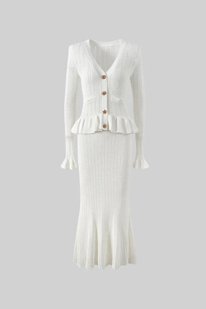 RIDEN RUFFLED JACKET & FLARED SKIRT KNIT MATCHING SET WHITE