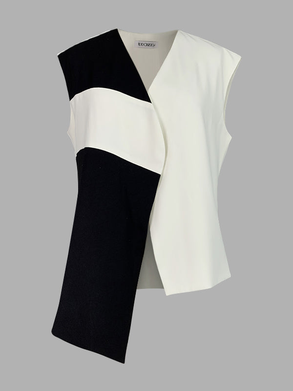 Loose Sleeveless Asymmetric Contrast Color V-Neck Vest Top