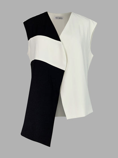 Loose Sleeveless Asymmetric Contrast Color V-Neck Vest Top