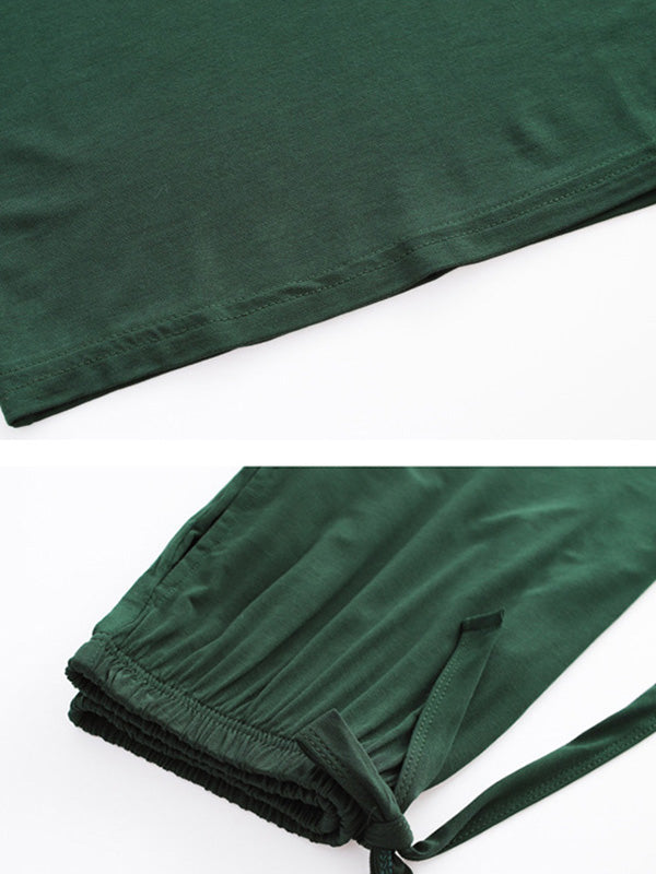 Casual Short Sleeves Solid Color V-Neck T Shirt Top&Drawstring Pants Pajamas Set