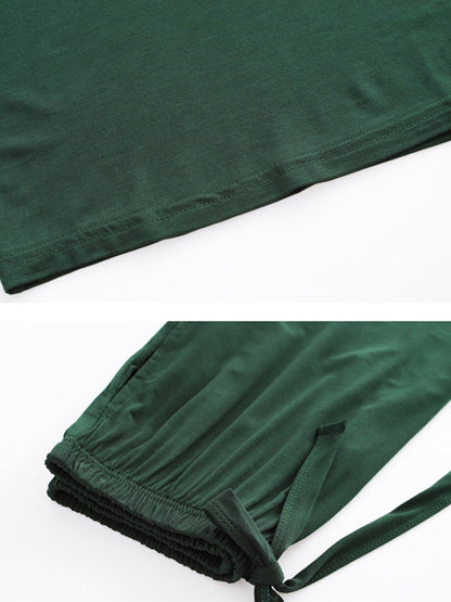 Casual Short Sleeves Solid Color V-Neck T Shirt Top&Drawstring Pants Pajamas Set