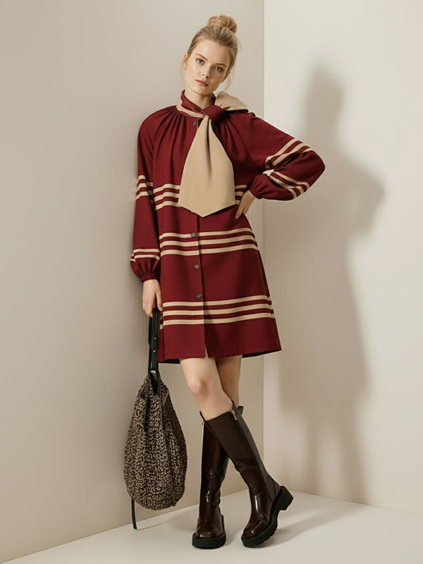 Long Sleeves Puff Sleeves Buttoned Contrast Color Plain Pleated Single-Breasted Tied Bow Collar Mini Dresses