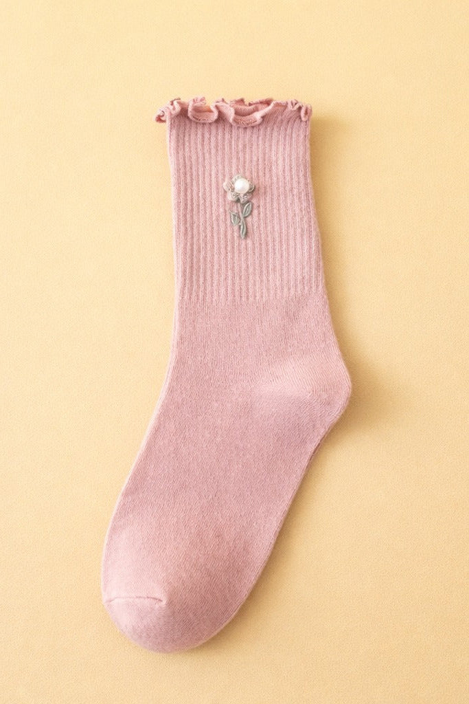 Blush Pearl Rose Ruffle Crew Socks