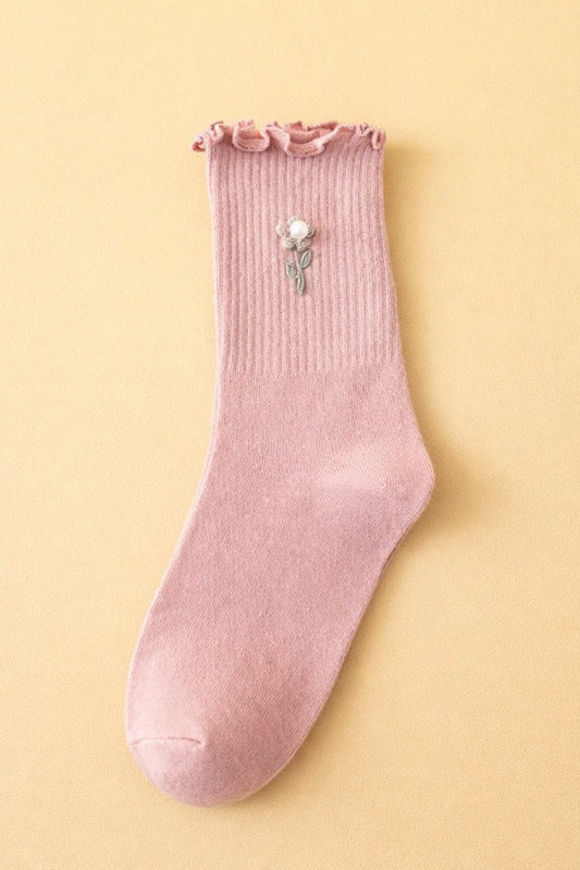 Blush Pearl Rose Ruffle Crew Socks