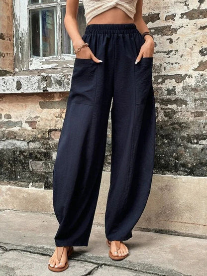 Pantalon ample grande taille avec poches élastiques et couleur unie 