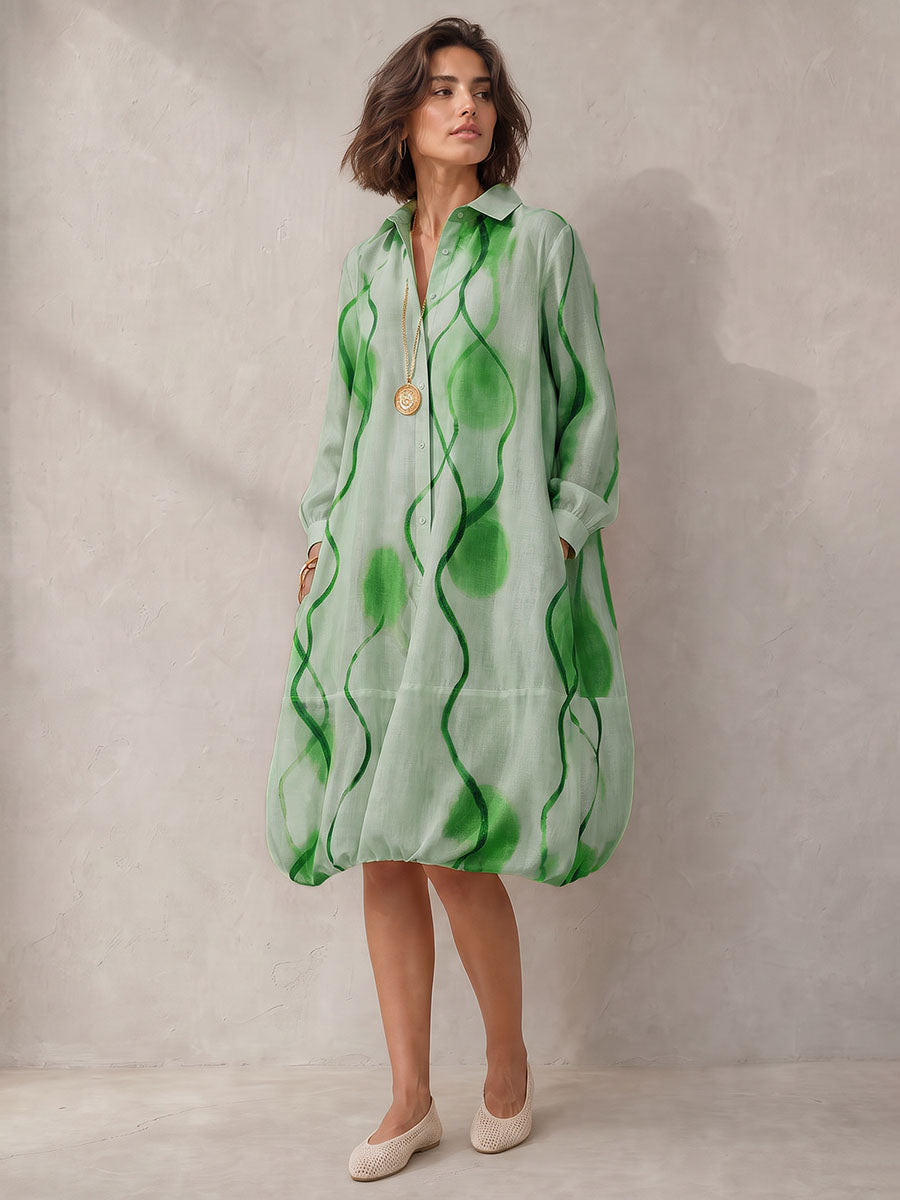 Printed Pockets Elasticity Contrast Color Buttoned Loose Long Sleeves Lapel Midi Dresses
