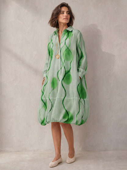 Printed Pockets Elasticity Contrast Color Buttoned Loose Long Sleeves Lapel Midi Dresses