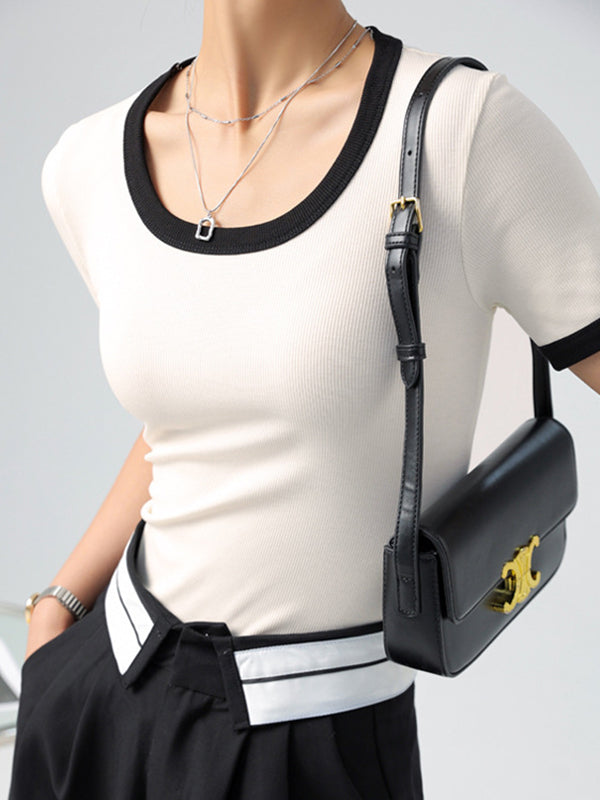 Kurzärmlige, schmale T-Shirts mit Rundhalsausschnitt in Kontrastfarbe 