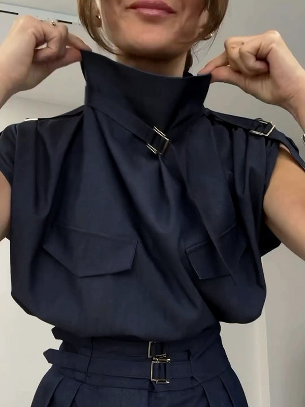 Chemisiers et chemises amples sans manches à col montant et boucle de couleur unie 