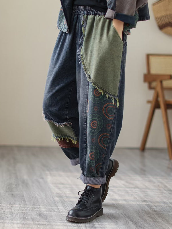 Contrast Color Fringed Split-Joint Long Sleeves Printed Outwear + Harem Pants  Two Pieces Set